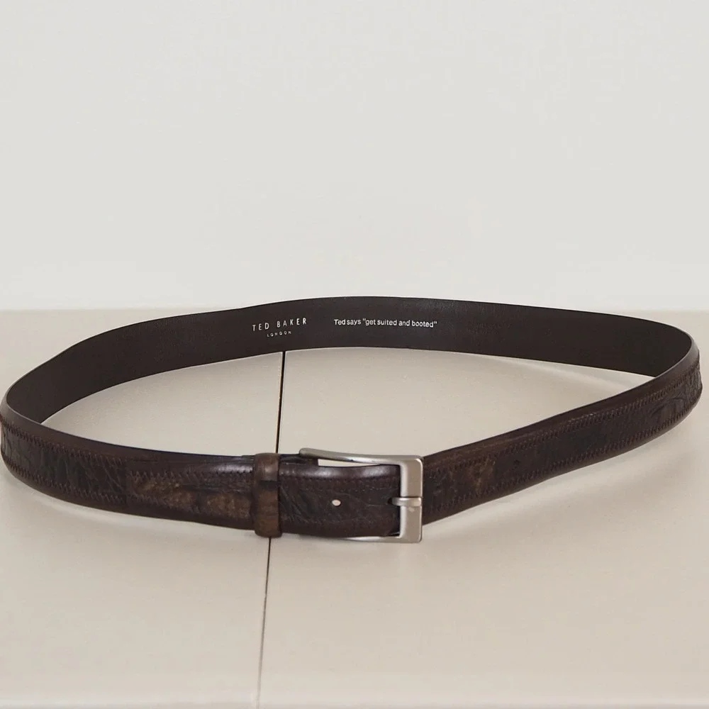 Ted Baker London Italian‎ Leather Brown Belt Zig Zag Stitch Men's Sz 42